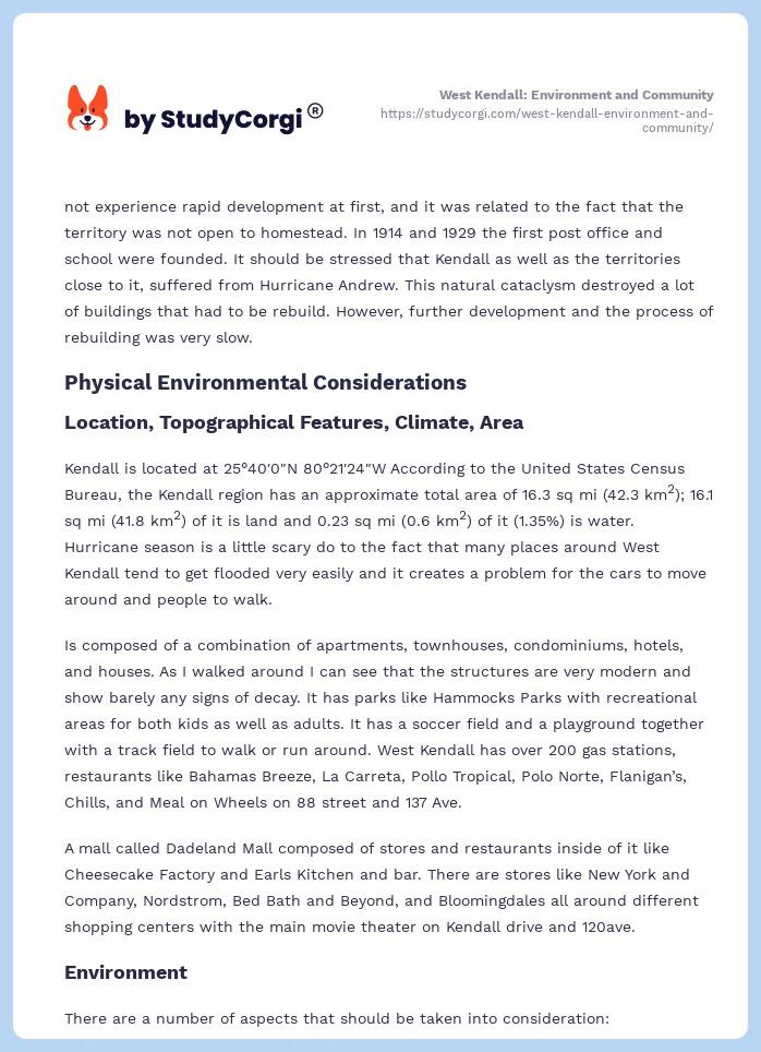 West Kendall: Environment and Community. Page 2