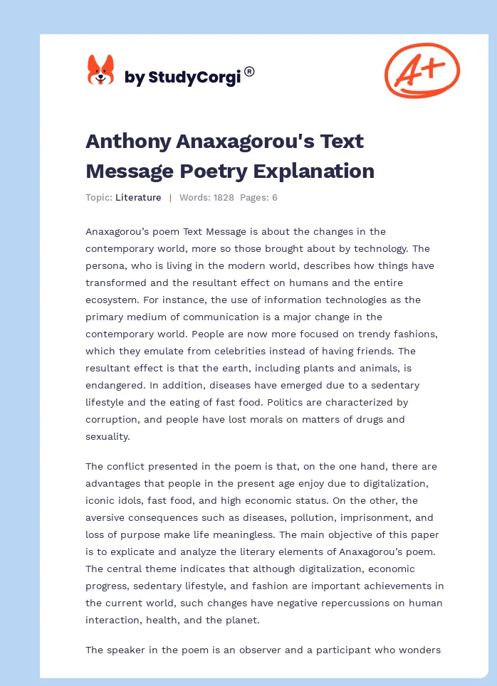 Anthony Anaxagorou's Text Message Poetry Explanation. Page 1