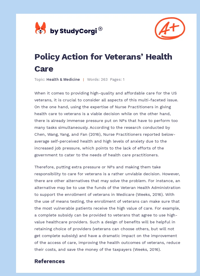 Policy Action for Veterans’ Health Care. Page 1