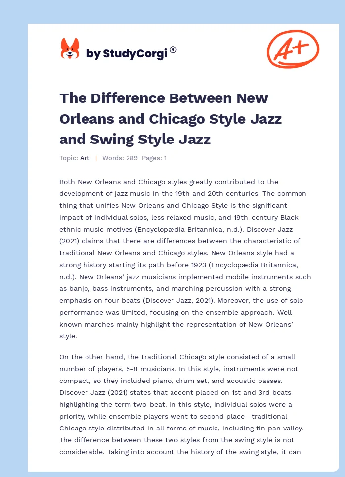 The Difference Between New Orleans and Chicago Style Jazz and Swing Style Jazz. Page 1
