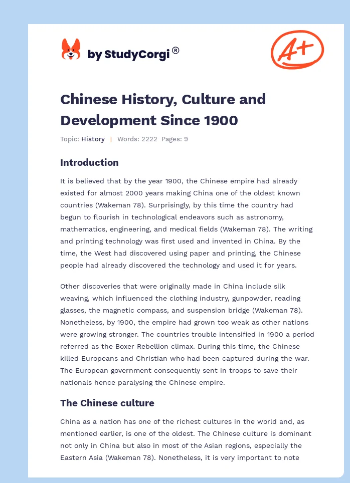 Chinese History, Culture and Development Since 1900. Page 1