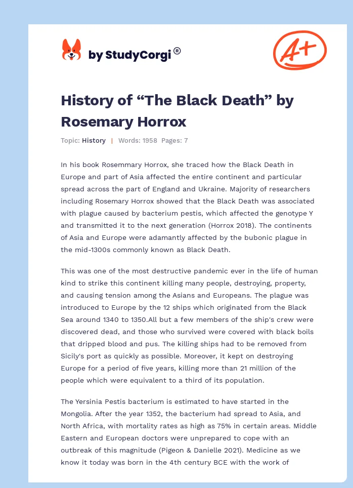 History of “The Black Death” by Rosemary Horrox. Page 1