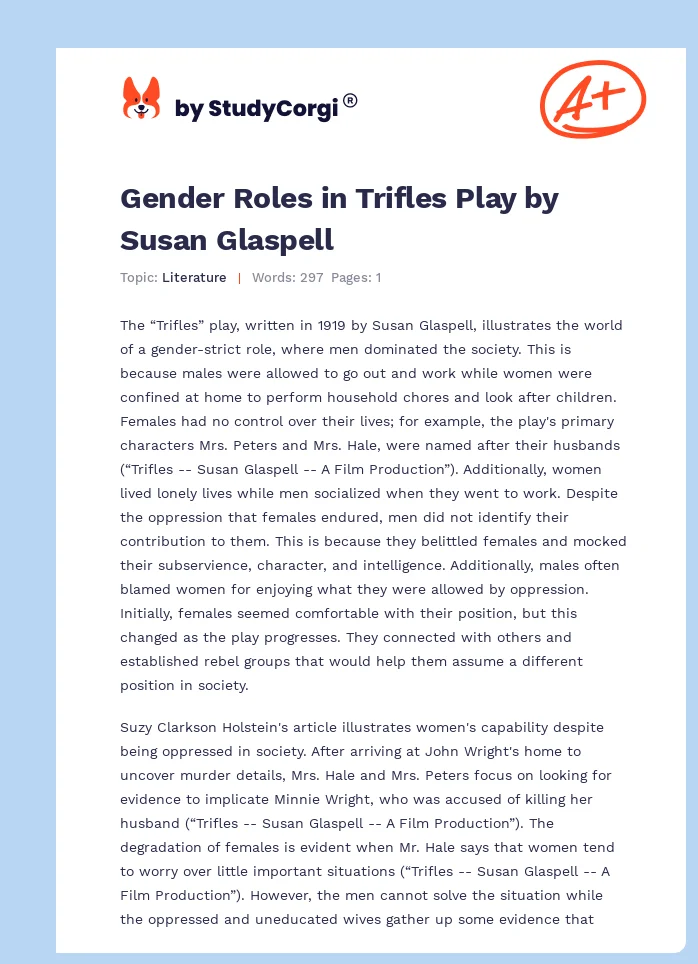 Gender Roles in Trifles Play by Susan Glaspell. Page 1
