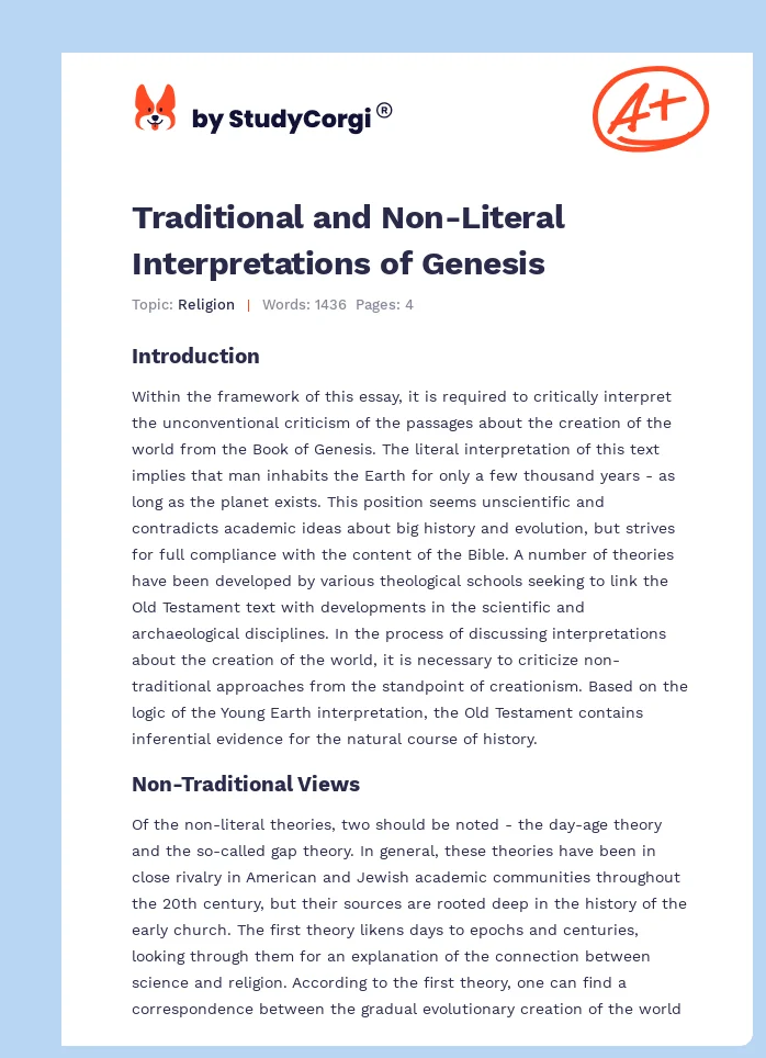 Traditional and Non-Literal Interpretations of Genesis. Page 1