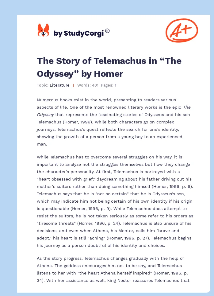 The Story of Telemachus in “The Odyssey” by Homer. Page 1