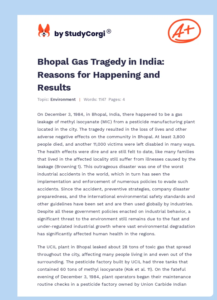Bhopal Gas Tragedy in India: Reasons for Happening and Results. Page 1