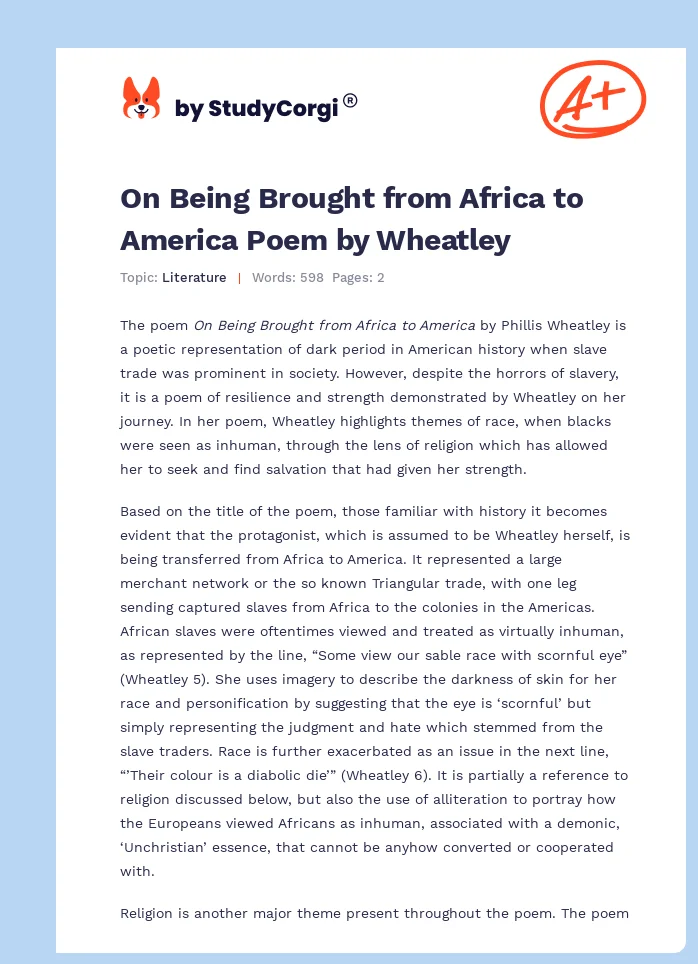 On Being Brought from Africa to America Poem by Wheatley. Page 1