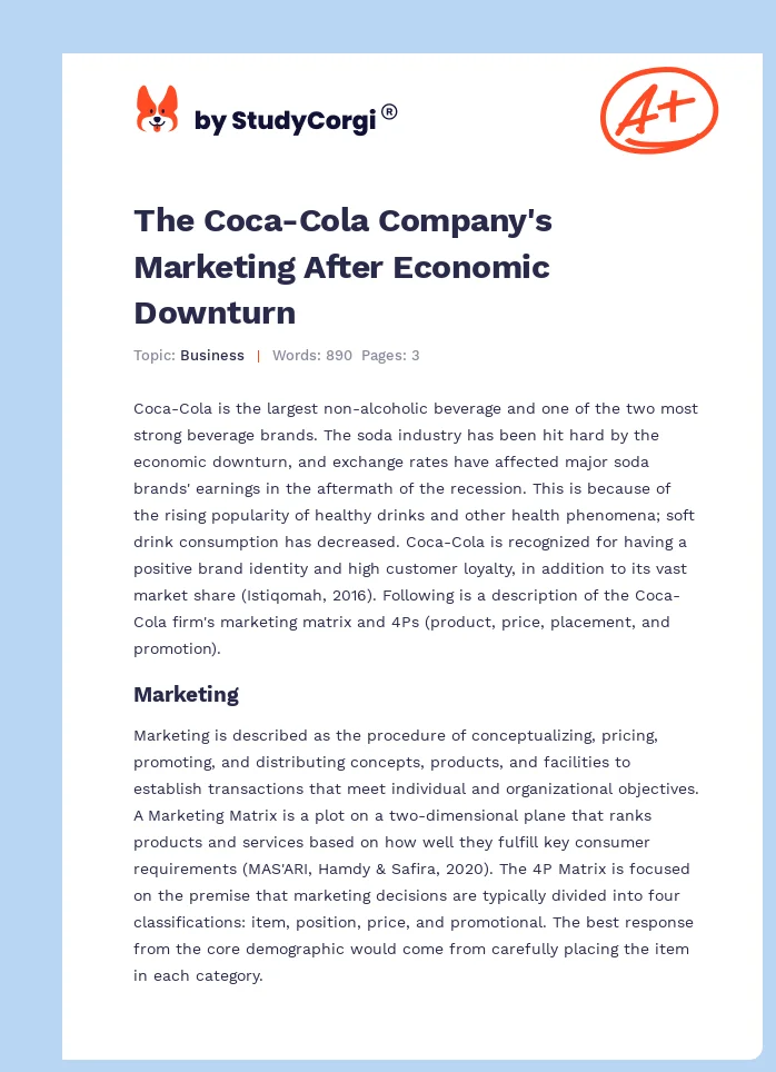 The Coca-Cola Company's Marketing After Economic Downturn. Page 1