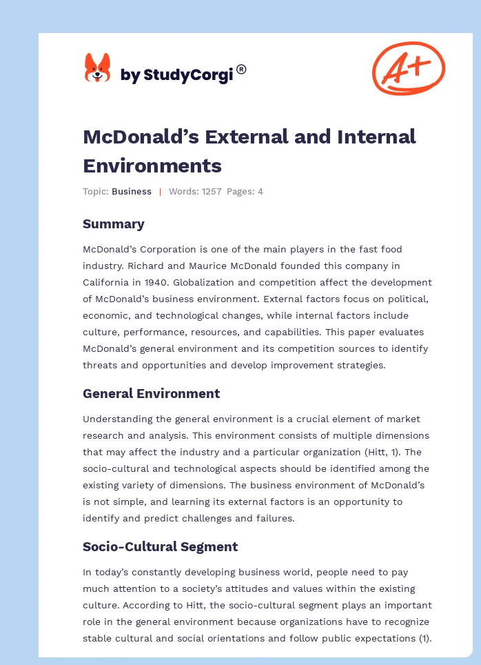 McDonald’s External and Internal Environments. Page 1