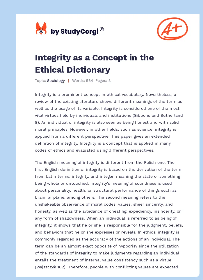 Integrity as a Concept in the Ethical Dictionary. Page 1