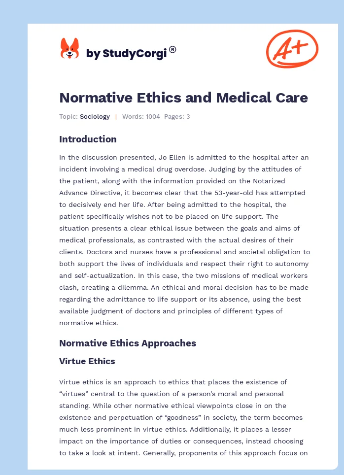 Normative Ethics and Medical Care. Page 1