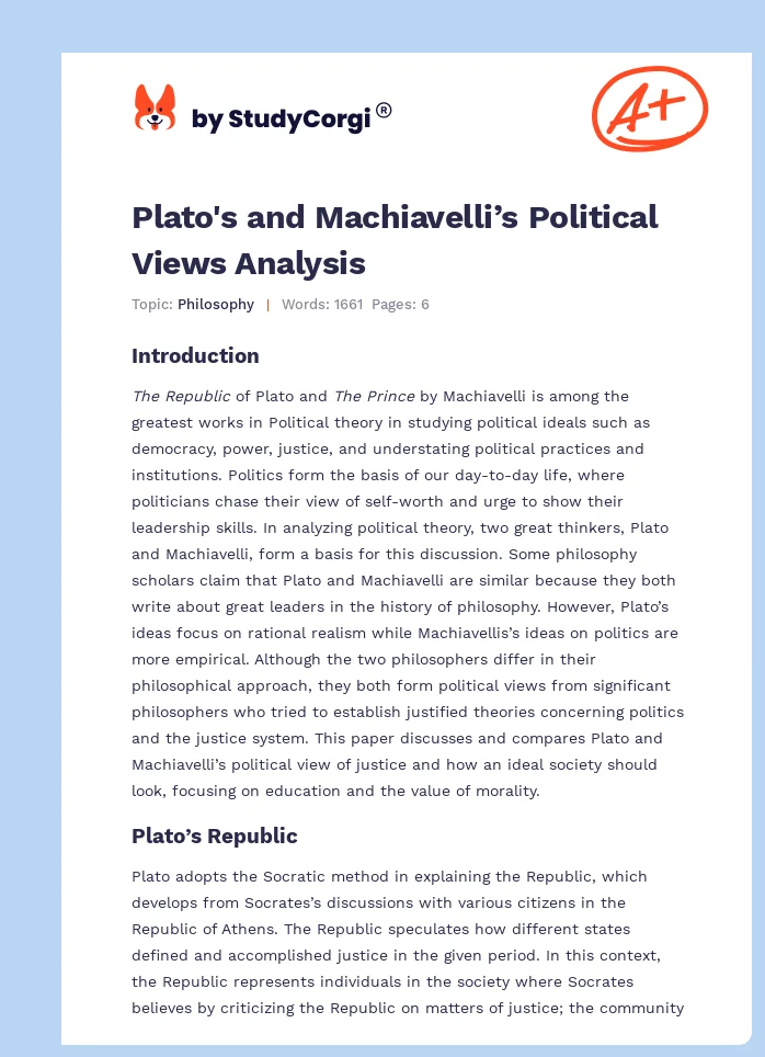Plato's and Machiavelli’s Political Views Analysis. Page 1