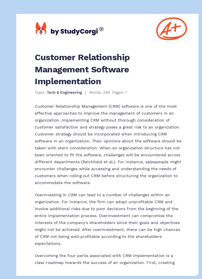 Customer Relationship Management Software Implementation. Page 1