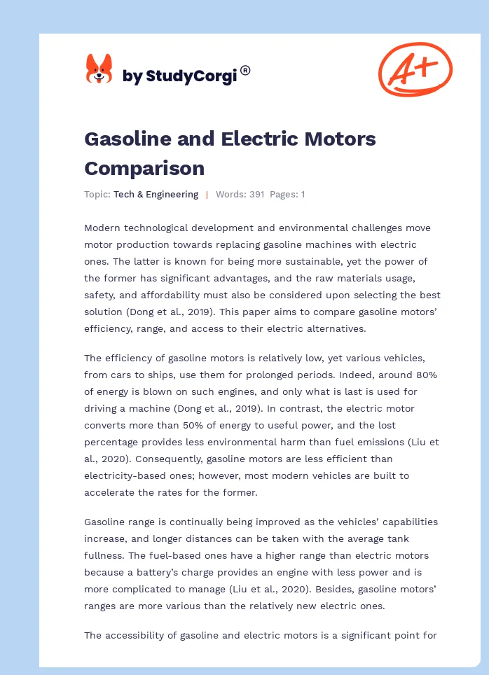 Gasoline and Electric Motors Comparison. Page 1