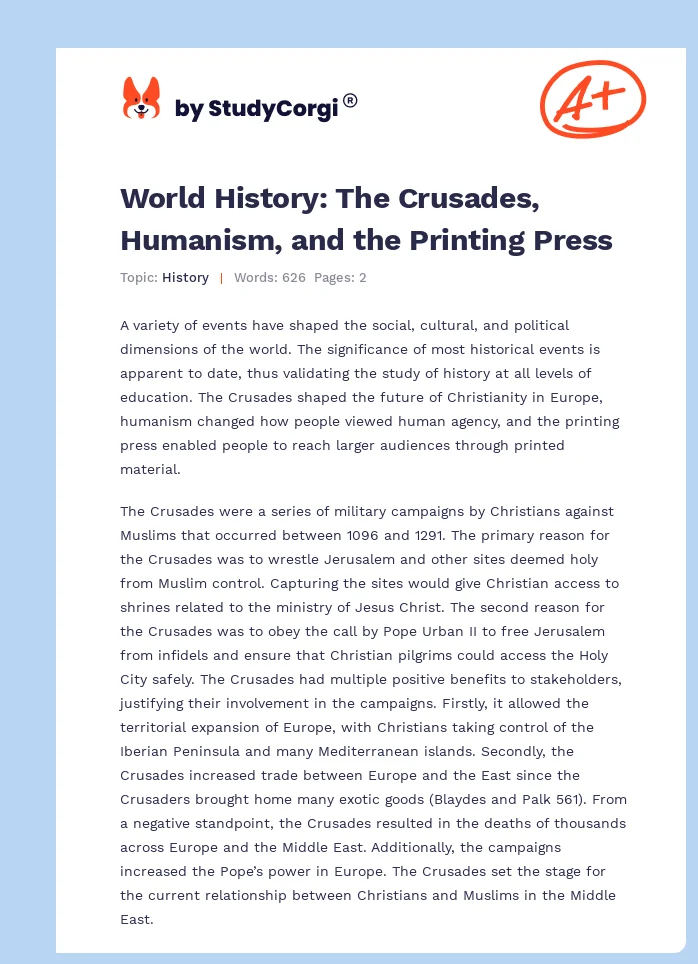 World History: The Crusades, Humanism, and the Printing Press. Page 1