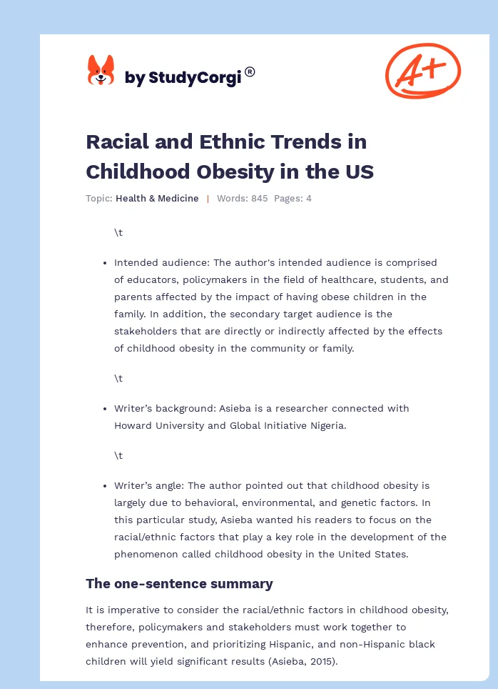 Racial and Ethnic Trends in Childhood Obesity in the US. Page 1