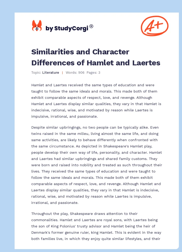 Similarities and Character Differences of Hamlet and Laertes. Page 1