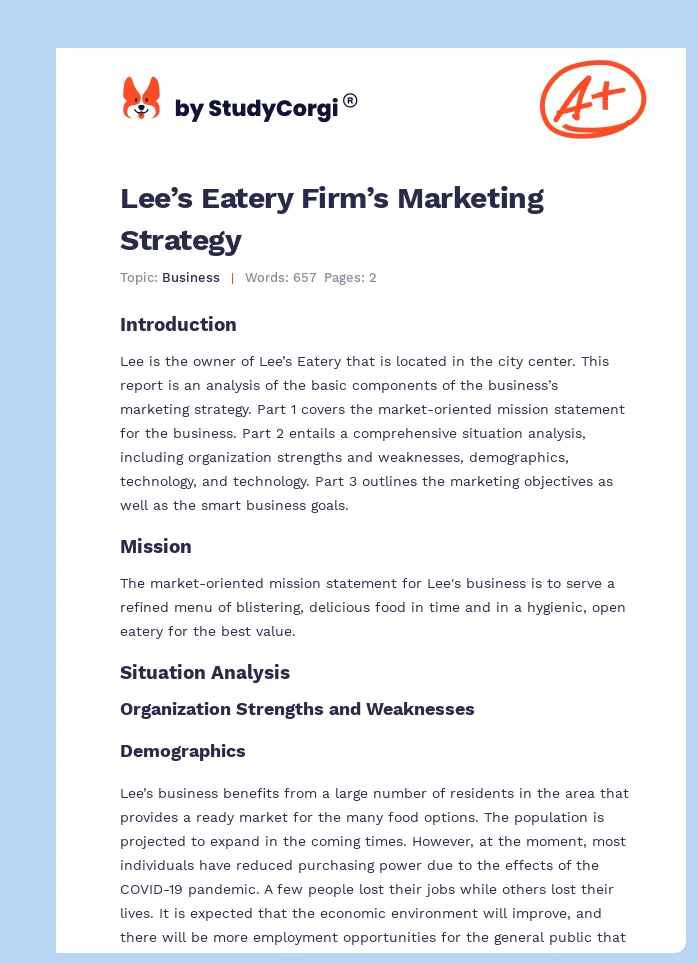 Lee’s Eatery Firm’s Marketing Strategy. Page 1