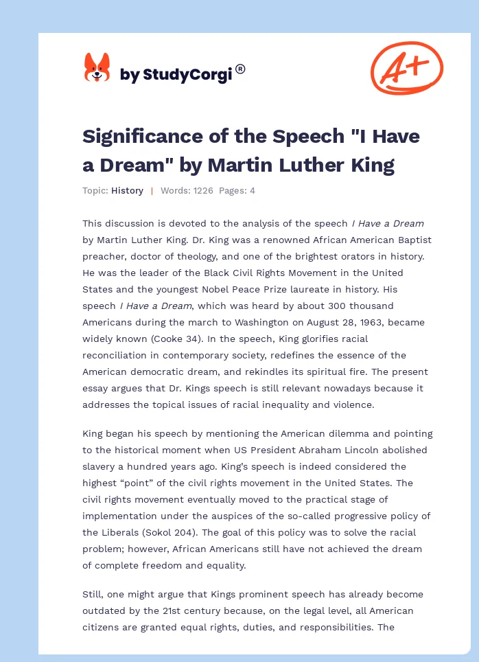 Significance of the Speech "I Have a Dream" by Martin Luther King. Page 1