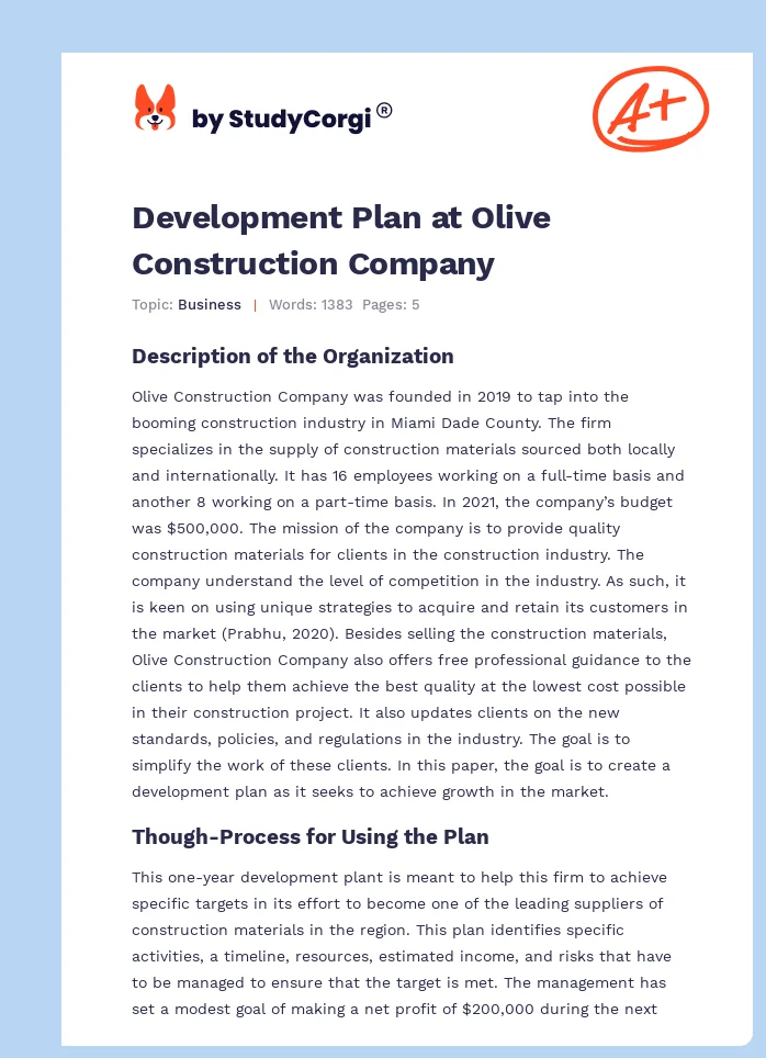 Development Plan at Olive Construction Company. Page 1