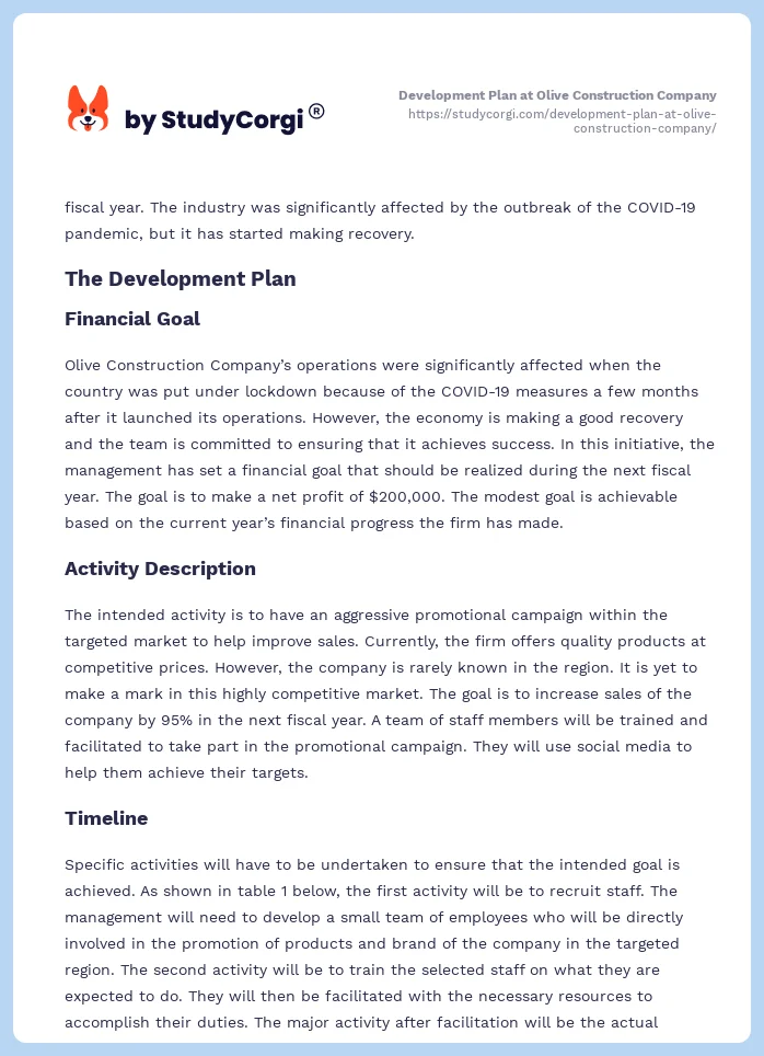 Development Plan at Olive Construction Company. Page 2