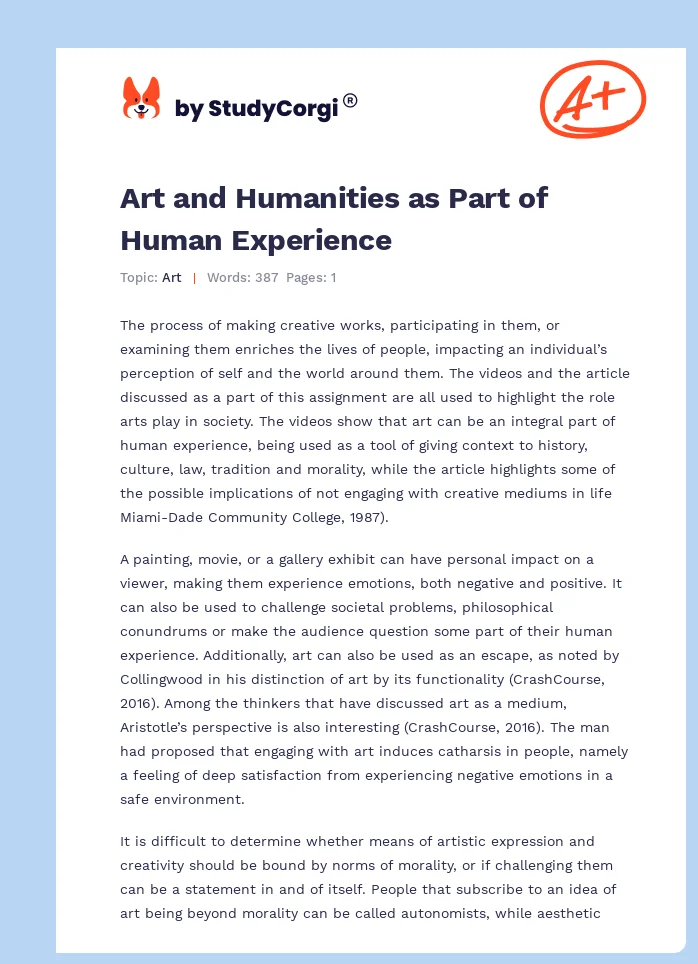 Art and Humanities as Part of Human Experience. Page 1
