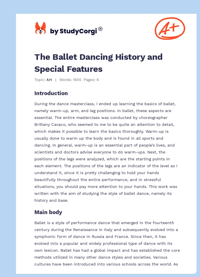 The Ballet Dancing History and Special Features. Page 1