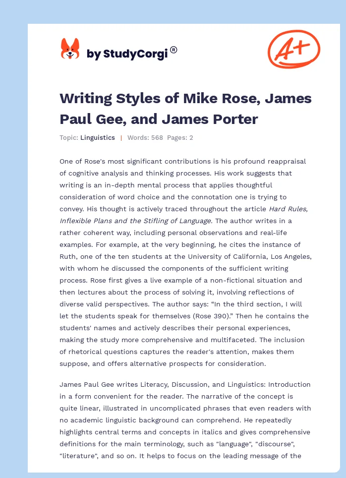 Writing Styles of Mike Rose, James Paul Gee, and James Porter. Page 1