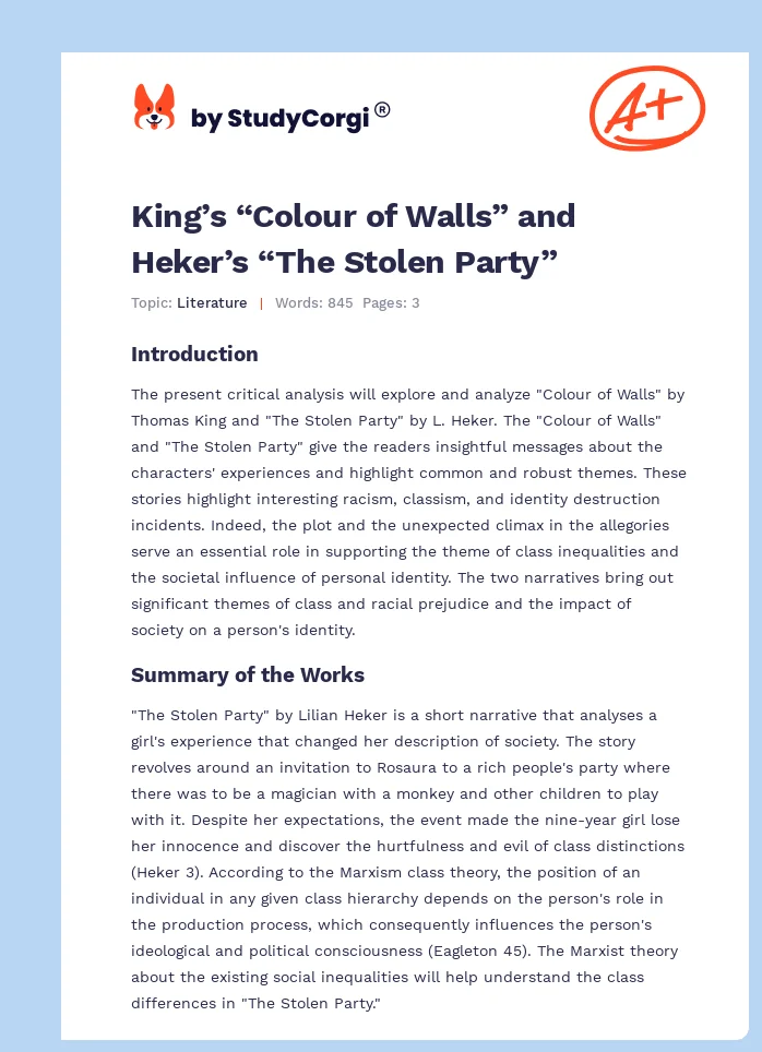 King’s “Colour of Walls” and Heker’s “The Stolen Party”. Page 1
