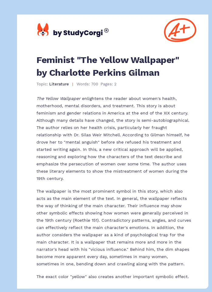 Feminist "The Yellow Wallpaper" by Charlotte Perkins Gilman. Page 1