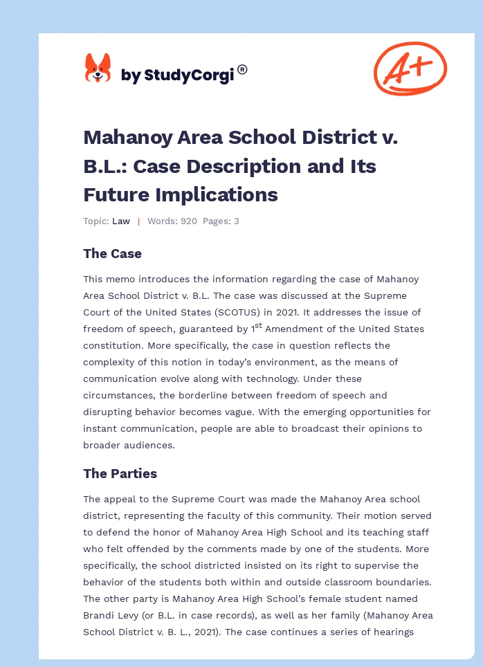 Mahanoy Area School District v. B.L.: Case Description and Its Future Implications. Page 1
