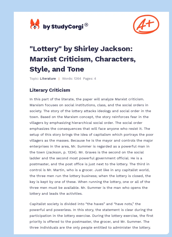 "Lottery" by Shirley Jackson: Marxist Criticism, Characters, Style, and Tone. Page 1