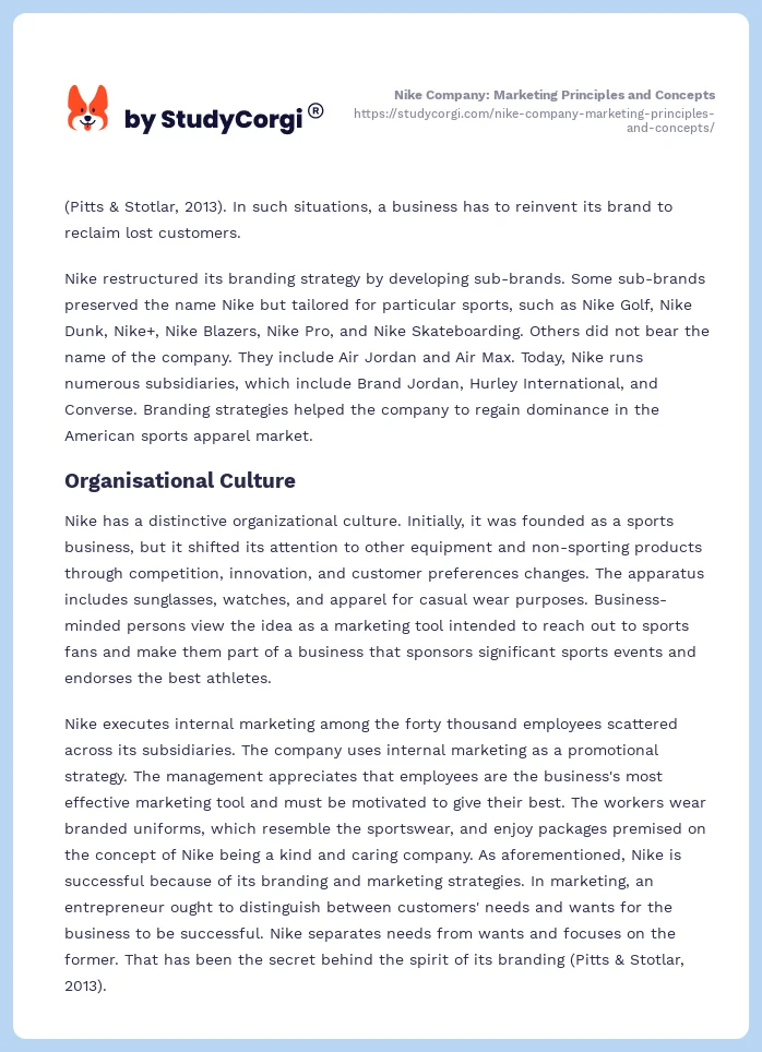 Nike Company: Marketing Principles and Concepts. Page 2