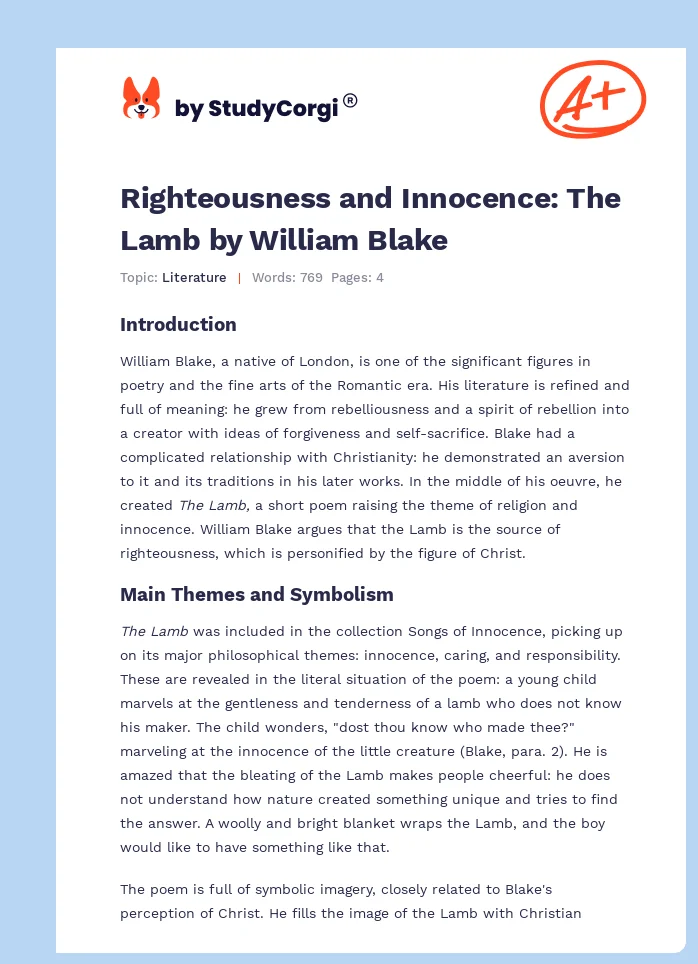 Righteousness and Innocence: The Lamb by William Blake. Page 1