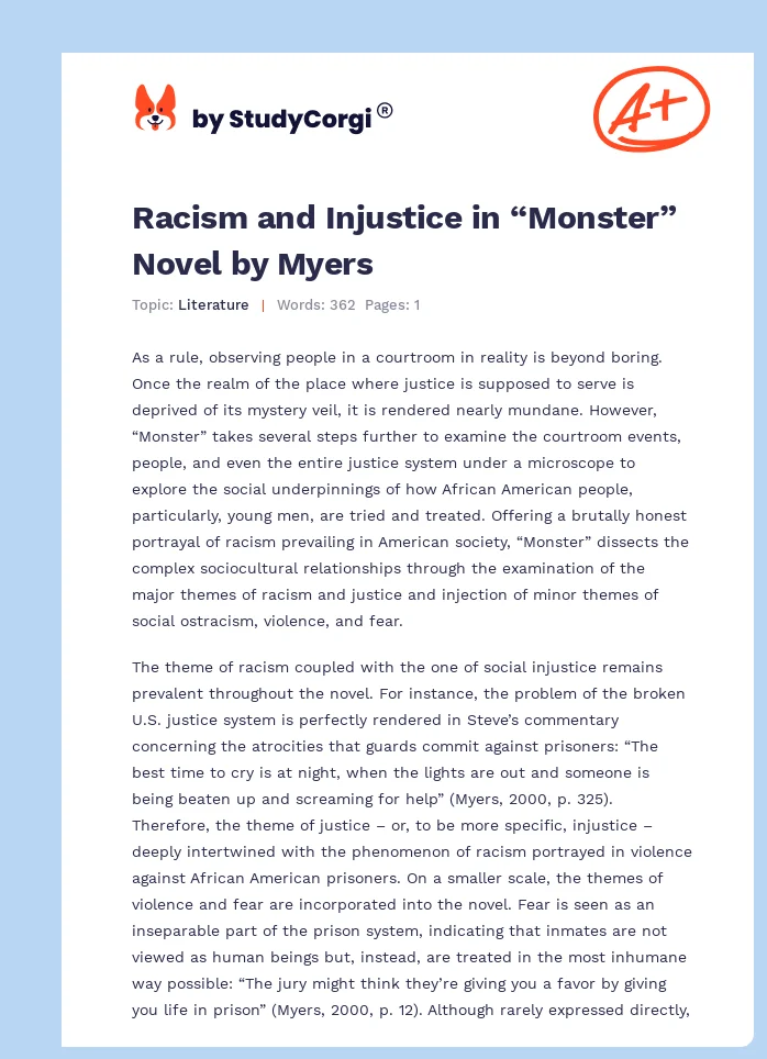 Racism and Injustice in “Monster” Novel by Myers. Page 1