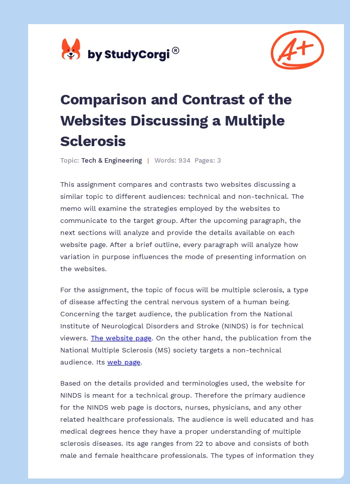 Comparison and Contrast of the Websites Discussing a Multiple Sclerosis. Page 1