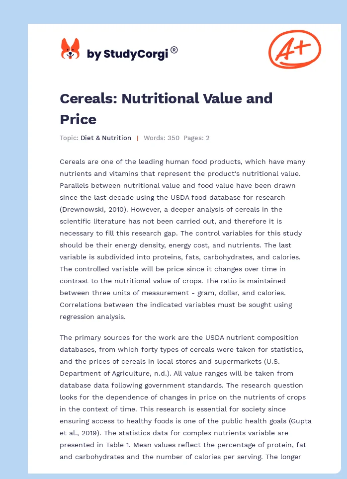 Cereals: Nutritional Value and Price. Page 1