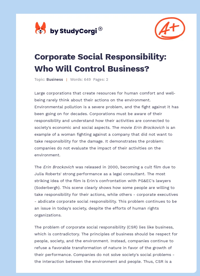 Corporate Social Responsibility: Who Will Control Business?. Page 1