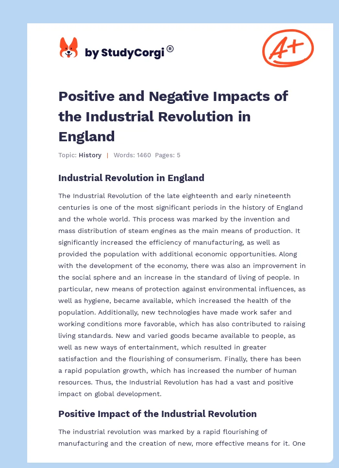 Positive and Negative Impacts of the Industrial Revolution in England. Page 1