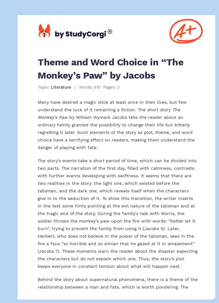 Theme and Word Choice in “The Monkey’s Paw” by Jacobs. Page 1