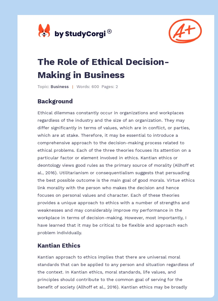 The Role of Ethical Decision-Making in Business. Page 1
