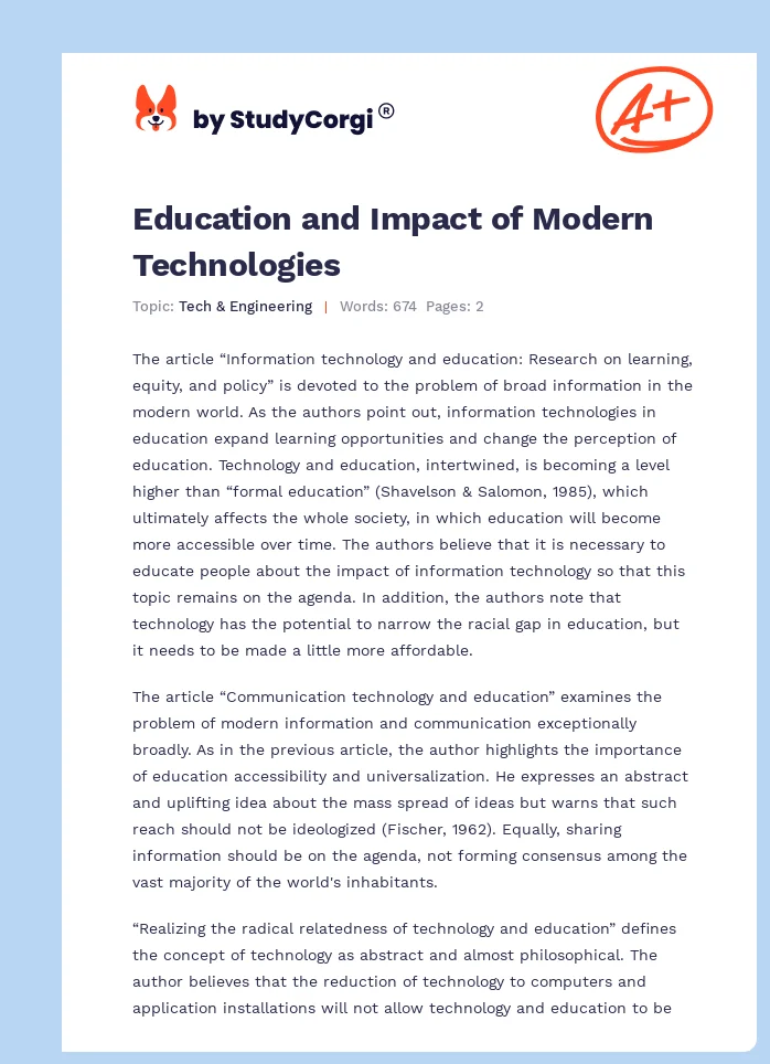 Education and Impact of Modern Technologies. Page 1