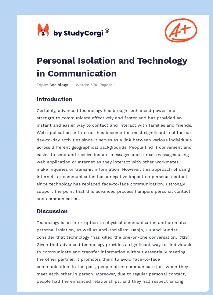 Personal Isolation and Technology in Communication. Page 1