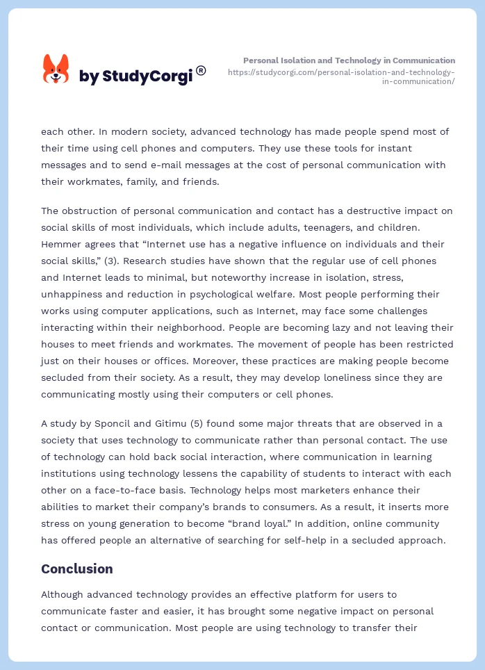 Personal Isolation and Technology in Communication. Page 2