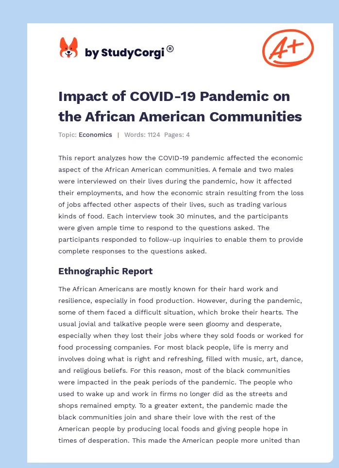 Impact of COVID-19 Pandemic on the African American Communities. Page 1