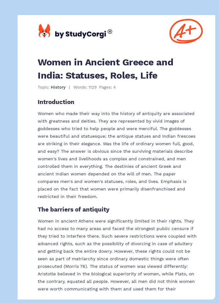 Women in Ancient Greece and India: Statuses, Roles, Life. Page 1