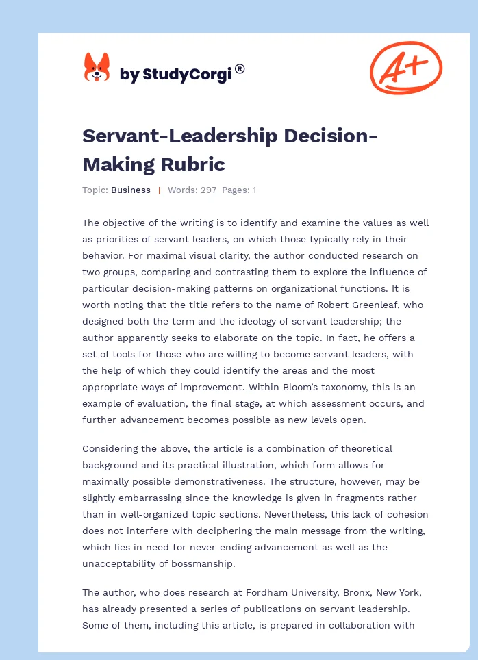Servant-Leadership Decision-Making Rubric. Page 1