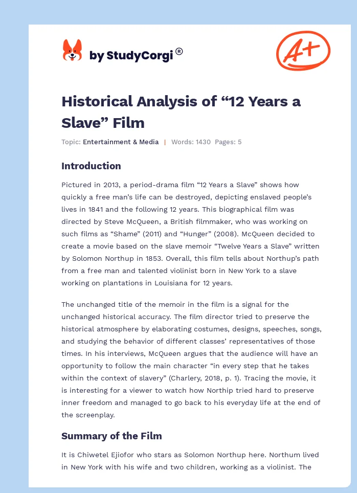 Historical Analysis of “12 Years a Slave” Film. Page 1