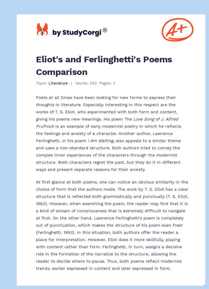 Eliot's and Ferlinghetti's Poems Comparison. Page 1