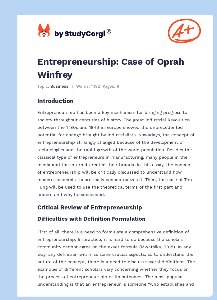 Entrepreneurship: Case of Oprah Winfrey. Page 1